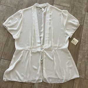 Vera Wang White‎ Babydoll Tie Front Shortie Picot Trim Short Sleeve Top L NWT
